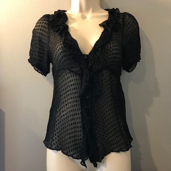 Sexy sheer black ruffled neck blouse by Bizz - Picture 1 of 11